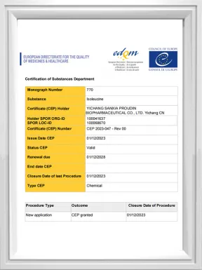 EDQM granted CEP certificate for our Isoleucine EDQM granted CEP certificate for our Isoleucine