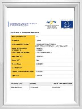 EDQM granted CEP certificate for our Leucine EDQM granted CEP certificate for our Leucine